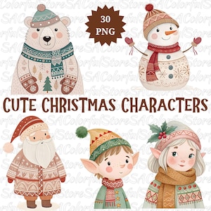 30 Cute Christmas Characters Clipart Boho Christmas Clip Art Bundle, Christmas PNG Graphics, Winter Snowman Illustration, Commercial Use