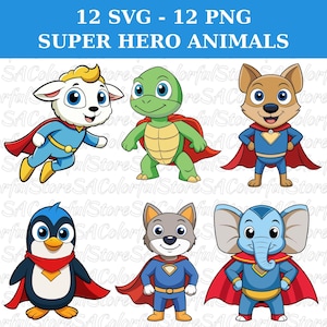 Super Hero Animals SVG PNG Bundle – 12 Cute Cartoon Animal Clipart – Kids T-Shirt Designs, Sublimation, Cricut Cut Files, Digital Download