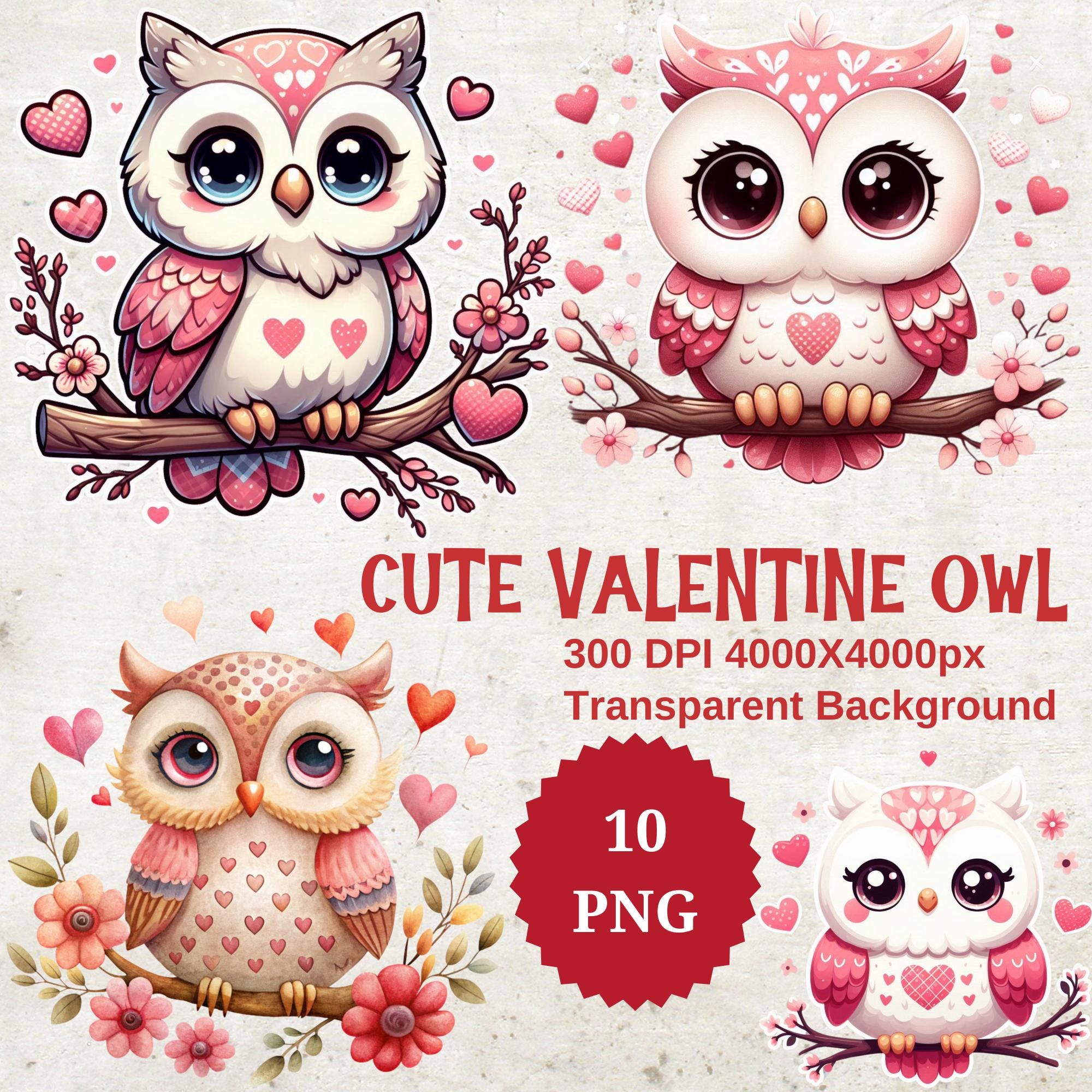 Valentine Owl Clipart, Watercolor PNG Bundle (Digital Download)
