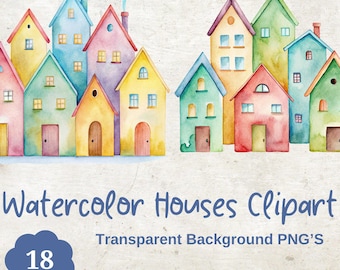 Watercolor Houses Clipart Set: Hand-Painted PNG Images (Digital Download)
