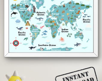 Children's World Map Poster: Educational Geography Art Print