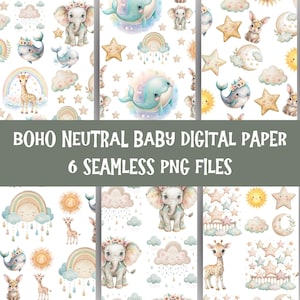 6 Printable Boho Neutral baby Digital Paper, Boho Baby Nursery Ephemera, New Baby Shower Pages, Download Junk Journal, Scrapbooking