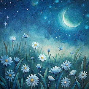 12 imágenes prediseñadas de paisaje lunar en acuarela, paisaje de campo de hierba, flores silvestres nocturnas, noche estrellada, creación de tarjetas, álbumes de recortes, arte de pared impreso
