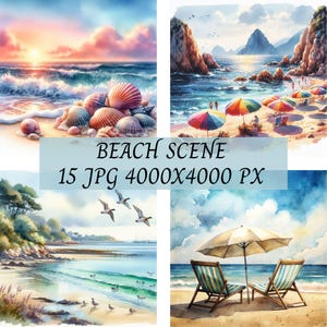 Watercolor Beach Scenery Clipart: Summer Ocean Views (Digital Download)