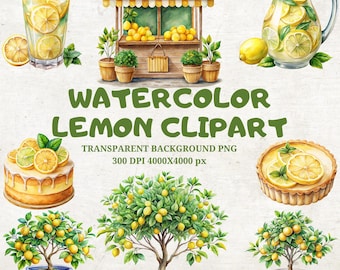 Watercolor Lemon Clipart: Citrus Fruit PNG, Digital Paper Patterns (Digital Download)