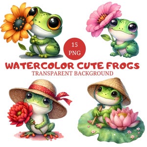 Watercolor Frog Clipart Bundle: Floral Nursery Art (Digital Download, 4000x4000 px PNGs)