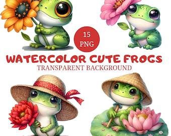Watercolor Frog Clipart Bundle: Floral Nursery Art (Digital Download, 4000x4000 px PNGs)
