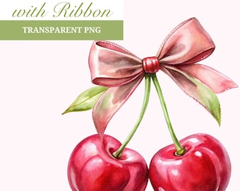 Watercolor Cherry Bow Clipart: Coquette Pink Ribbon Design (PNG Digital ...