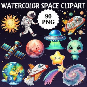 90 Cute Space Clipart Bundle, Watercolor Planets and Rockets, Astronaut Outerspace Stars Plants Moon Spaceship Digital Print, Sublimation