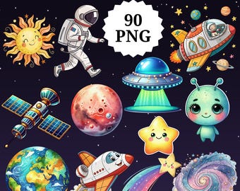 Aquarell Weltraum Clipart Bundle: Planeten, Raketen, Astronauten (Digitaler Download)