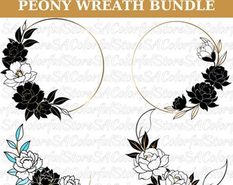 Peony Wreath SVG & PNG Bundle: Floral Line Art Clipart