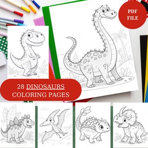 28 páginas para colorear de dinosaurios para niños. Hojas de dinosaurios, libro para colorear para niños. Páginas para colorear digitales. Libro para colorear digital de dinosaurios.