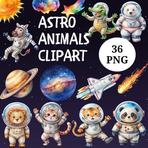 Watercolor Space Animal Astronauts Clipart Bundle: Nursery Decor (Digital Download)