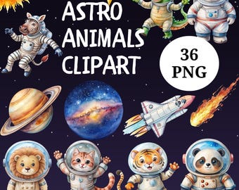 Watercolor Space Animal Astronauts Clipart Bundle: Nursery Decor (Digital Download)