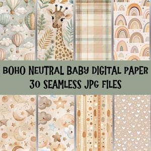 30 Printable Boho Neutral baby JPG Digital Paper, Boho Baby Nursery Ephemera, New Baby Shower Pages, Download Junk Journal, Scrapbooking