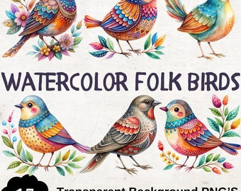 Watercolor Folk Art Birds Clipart: Scandinavian PNG Images (Digital Download 4000x4000 px)