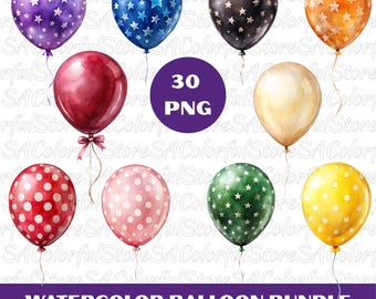 Watercolor Balloons Clipart PNG: Birthday Party Decorations (30 PNG Bundle)