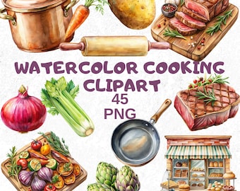 Watercolor Cooking Clipart Bundle: Kitchen Food Graphics (Digital Download)