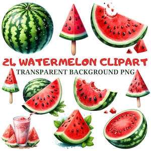 Pode incluir: Uma coleção de imagens de clipart de melancia em aquarela. As imagens incluem melancias inteiras, fatias, picolés e um smoothie. As melancias são vermelhas com sementes pretas e cascas verdes. O texto "21 WATERMELON CLIPART TRANSPARENT BACKGROUND PNG" também está incluído.