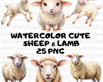 Aquarel lam clipart, schapen png, decor van de kinderkamer (25 png-bestanden