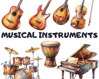 Watercolor Musical Instruments Clipart Bundle: 32 PNG Illustrations (4000x4000 px) (Digital Download)
