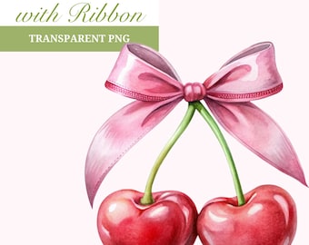 Cherry Bow Design, Coquette Cherry Bow Clipart, Watercolor Cherries With Pink Ribbon, Cherry with Bow Coquette Cherry Png, Transparent png