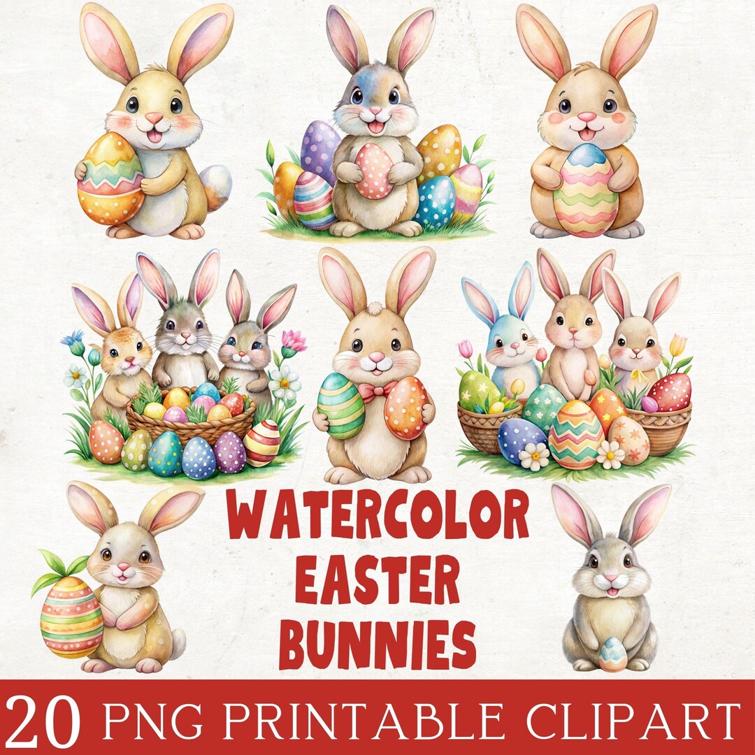20 Watercolor Easter Bunny Clipart Bundle: Springtime PNG Graphics ...
