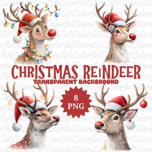 8 Christmas Reindeer png ClipArt, Watercolor Xmas Cute Reindeer, Festive Sublimation Card Making Design, Christmas Deer, Commercial Use