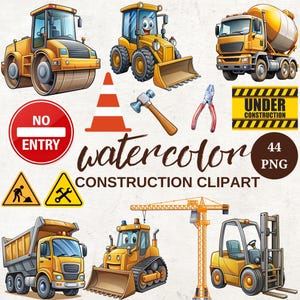 Aquarell Baustelle Clipart: LKW, Krane und Bagger (PNG Digital Download)
