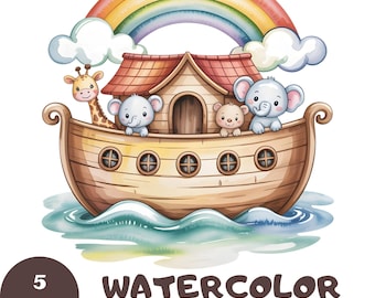 Könnte beinhalten: Aquarell-Illustration der Arche Noah mit Regenbogen, Wolken und niedlichen Tieren. Die Arche ist braun mit rotem Dach, und die Tiere umfassen eine Giraffe, Elefanten und einen Bären. Der Text "WATERCOLOR CUTE NOAH ARK" befindet sich unten.