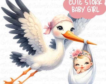 Watercolor Stork Baby Clipart: Nursery Art PNG Bundle (Digital Download)