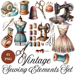 Paquete de imágenes prediseñadas de costura vintage en acuarela: 61 diseños PNG (descarga digital)
