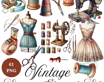 61 Watercolor Vintage Sewing Clipart Sewing Elements Clipart Sewing Kit Image Instant Download Shabby Chic Vintage Cottagecore Vintage Art