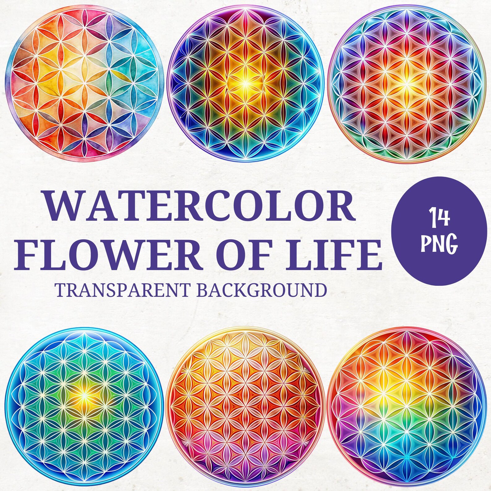Watercolor Flower of Life Clipart Bundle: Sacred Geometry PNG (digital ...