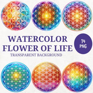 Watercolor Flower of Life Clipart Bundle: Sacred Geometry PNG (Digital Download, 4000x4000px)