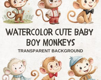 12 Baby Monkey Watercolor Clipart Bundle: Nursery Art Digital Download, PNG Files