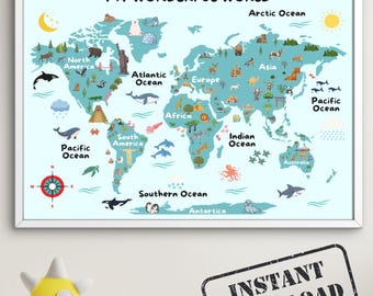 Children's World Map Poster: Educational Geography Art Print