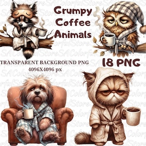 Paquete de imágenes prediseñadas de animales de acuarela de café gruñón: Safari y bosque PNG (descarga digital)