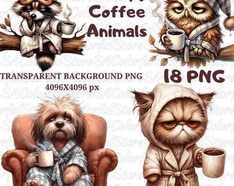 18 Watercolor Grumpy Coffee Animals Clipart Bundle, Cute Angry Safari Animals Clipart, Grumpy Forest Animals, Animal png, Design For Shirts