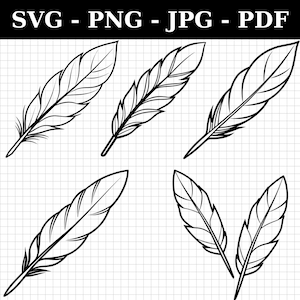 Puede incluir: Dibujo lineal en blanco y negro de cinco plumas estilizadas. Las plumas presentan patrones de venas detallados y grosores de tallo variables. El texto "SVG - PNG - JPG - PDF" está incluido en la parte superior de la imagen.