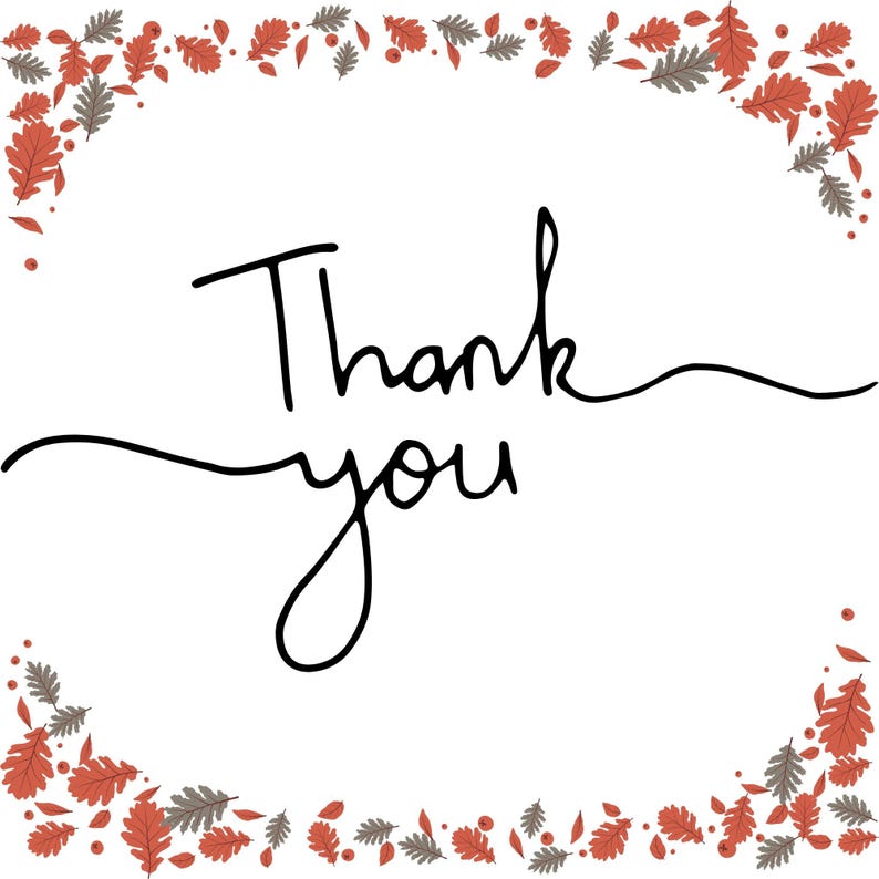 Puede incluir: Fondo blanco con las palabras "Thank you" en escritura negra. El texto est&aacute; enmarcado por un borde de hojas y bayas oto&ntilde;ales rojas y grises, creando un dise&ntilde;o de temporada.