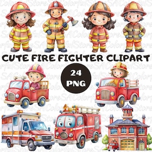 Watercolor Firefighter Clipart Bundle: Fire Truck, Fireman PNG Graphics (Digital Download)