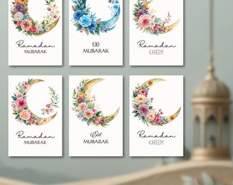 Ramadan Kareem Card Set, Watercolor Mosque, Crescent Moon (Digital Download)