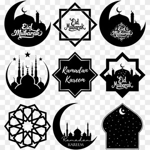 Puede incluir: Colección de gráficos islámicos en blanco y negro. Los diseños incluyen siluetas de mezquitas, lunas crecientes y formas geométricas. Los elementos de texto incluyen "Eid Mubarak" y "Ramadan Kareem" en escritura elegante.