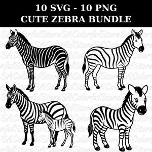 Cute Zebra 10 SVG and 10 PNG Bundle, Zebra Clipart, Zebra Cut Files For Cricut, Jungle Safari Clipart for Kids, Nursery Decor, Crafts