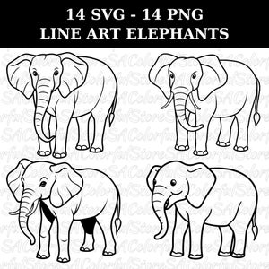 May include: Black and white line art illustrations of elephants in various poses. The image includes four different elephant designs, each with detailed outlines. Text at the top reads "14 SVG - 14 PNG LINE ART ELEPHANTS".