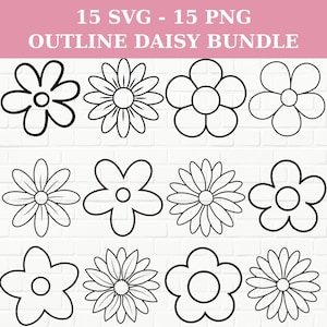 May include: A set of 15 black and white outline daisy flower illustrations. The daisies are in various styles, including simple, detailed, and with different numbers of petals.  15 SVG - 15 PNG OUTLINE DAISY BUNDLE