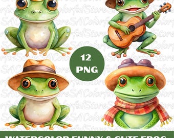 Watercolor Frog Clipart Bundle: Funny Frogs with Hats & Guitar (12 PNG Files, 4000x4000 px)