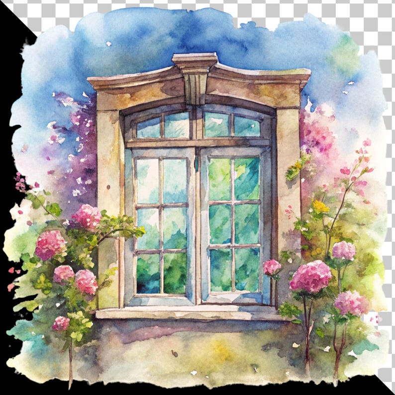 Watercolor Spring Window Clipart: Floral Landscape PNG Graphics ...