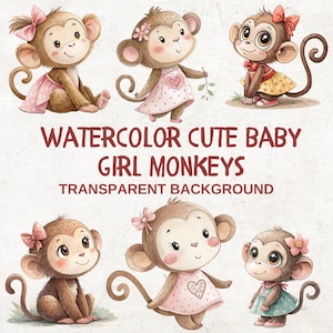 12 lindas niñas mono clipart, niña mono clipart, acuarela, animales bebés acuarela, clip mono para guardería, lindo paquete de imágenes prediseñadas de mono